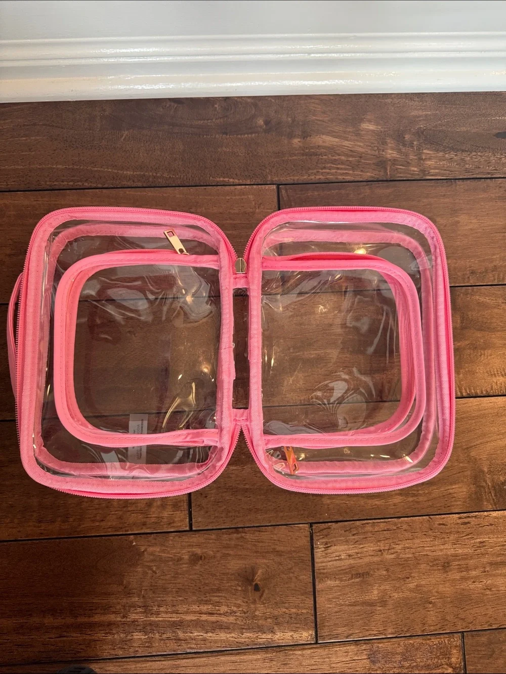 Clear Pink Trim Double Zip Travel Cosmetic Pouch